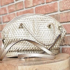 Cream Woven Shoulder Bag with Metallic Accents